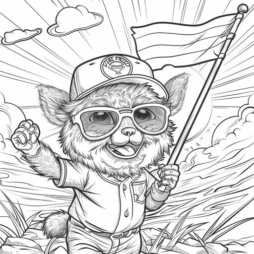 Whimsical baseball team mascot cheering with a flag