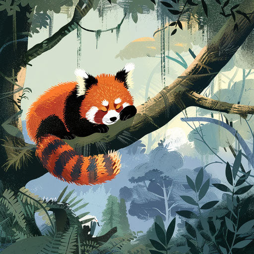 Red panda on high tree branch, wild panorama