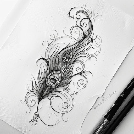 Art Nouveau peacock feather tattoo sketch with flowing lines and organic forms