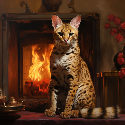 A serval cat in front of a fire in a fireplace