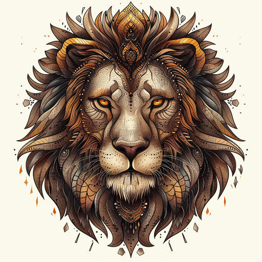 Clipart style for dotwork tattoo of majestic lion face with regal mane, golden and brown tones