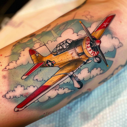 WWII fighter plane with clouds in retro-style tattoo