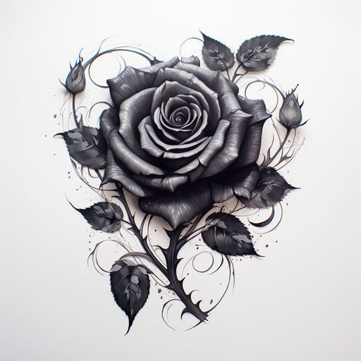 Black rose tattoo design, melancholic detailed style