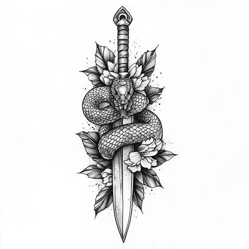 Beautiful flat tattoo sketch with snake coiled around dagger