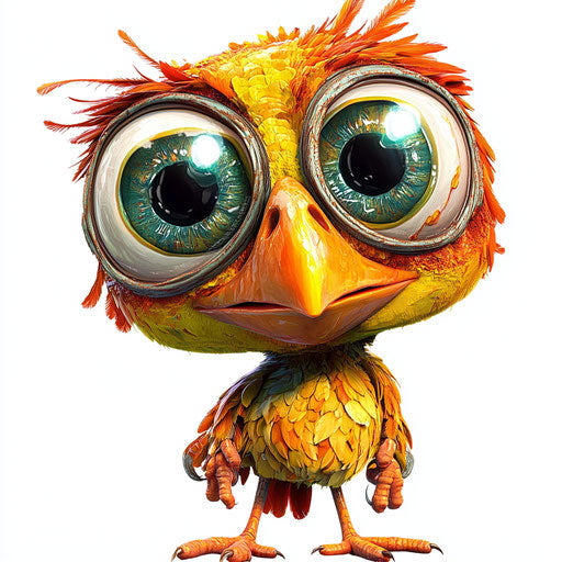 Humorous caricature of a bunting cartoon with human characteristics, exaggerated expressive eyes, expressive hands, vibrant colors, cartoon style, winking, high resolution, no background, isolated