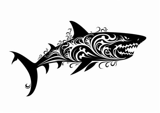 Tribal shark on white background, expressive black and white