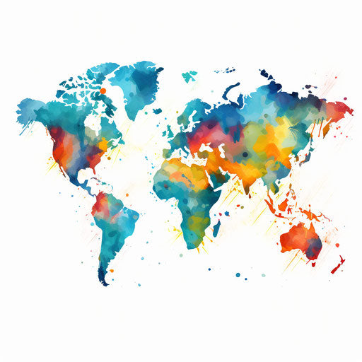World map clipart in the style of Impressionistic Art, on white background