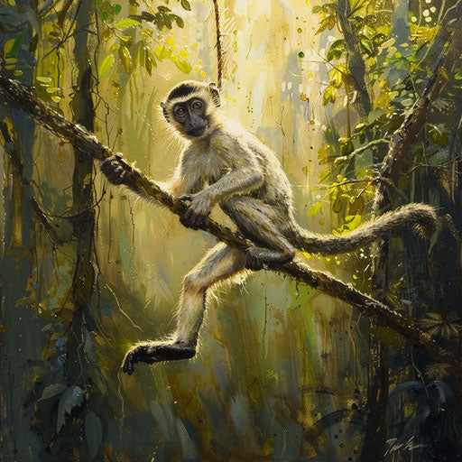 Vervet monkey swinging in the dense forest