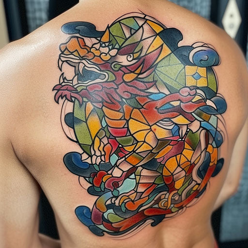 Stained glass foo dog tattoo with black lines on white canvas