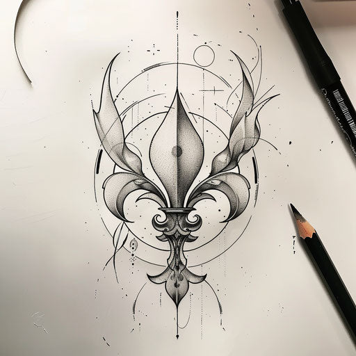 Zen tattoo sketch of a fleur de lis with minimalist zen circle and neutral tones