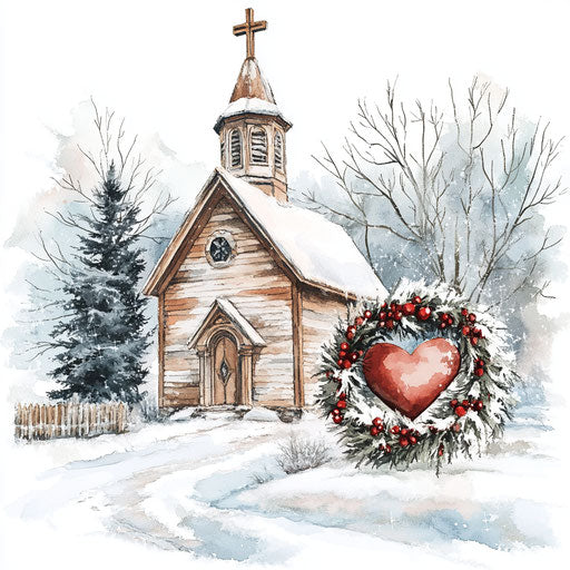 Country church with heart wreath and cross in the snow