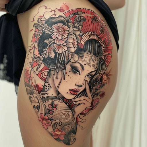 Female tattoos with Japanese influences, in the style of Ami James
