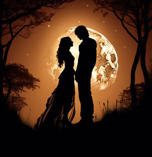 Black silhouette of a man and woman standing by the moon