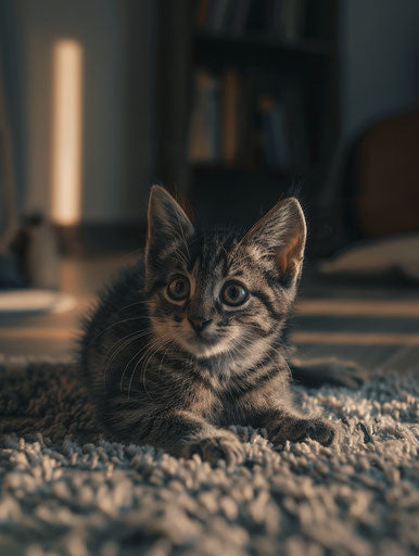 Tiny kitten in front of a big house, dark and gray style