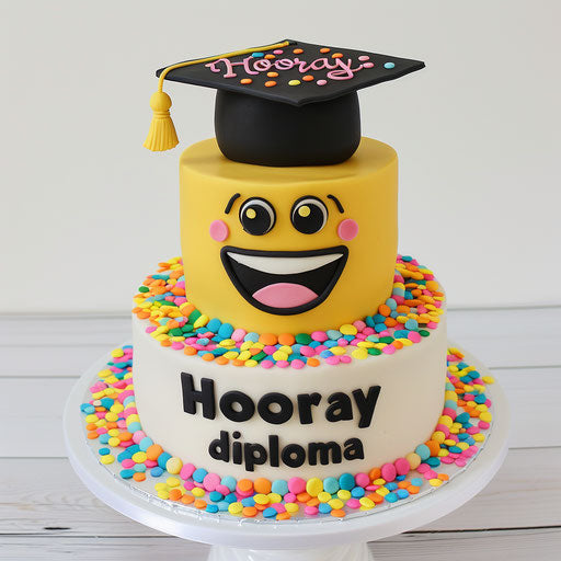 Festive emoji graduation cake with 'Hooray' and 'diploma'