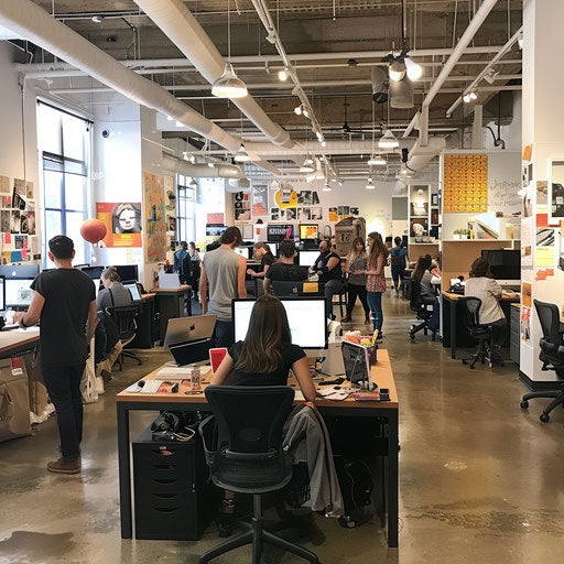 Dynamic sales space with open desks and motivational posters