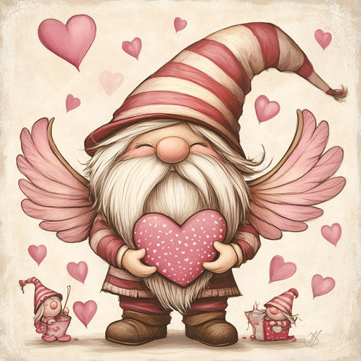 Valentine's Day gnome with wings holding heart-shaped candy box