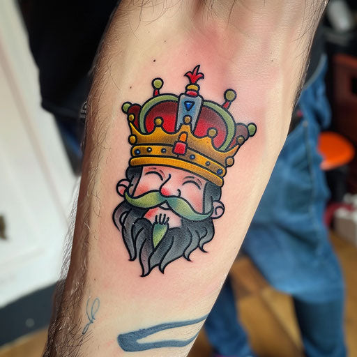 Illustrative king crown tattoo with cartoonish features and bold colors