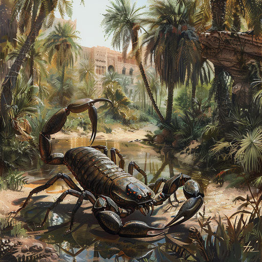A scorpion in an oasis with palm trees in the background in the style of Simen Johan