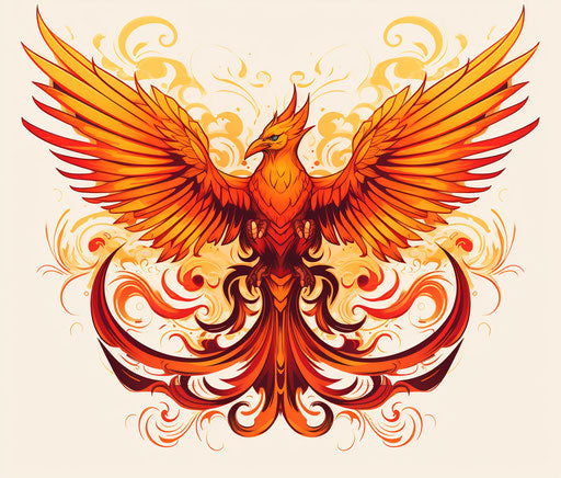 Orange phoenix in tattoo style, flat shading