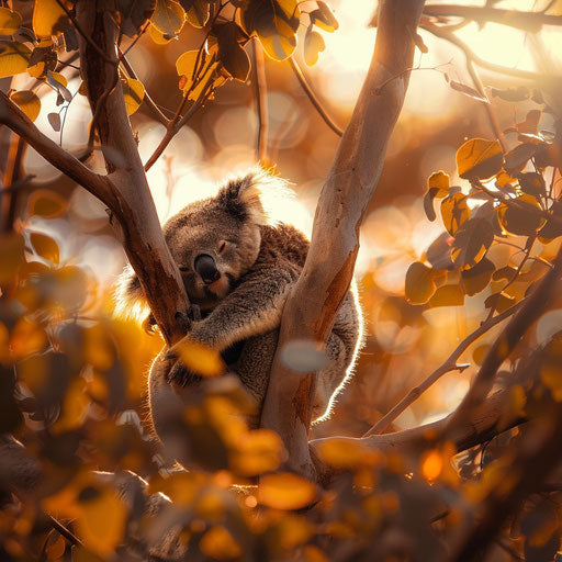 Relaxed koala in a eucalyptus tree at golden hour