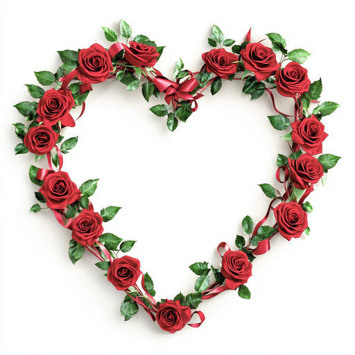 Heart-shaped wreath of red roses on white background