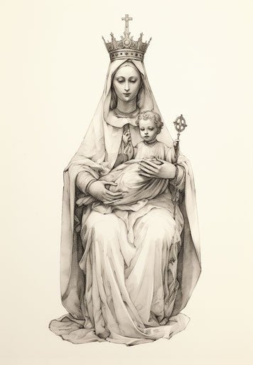 Statue of Mary holding the baby, automatic drawing style, medieval 87:125