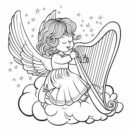 Cartoon angel playing harp on fluffy cloud