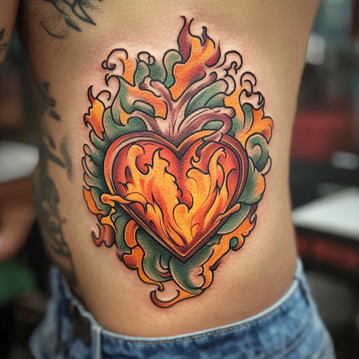 Mother's heart tattoo with flame and smoke