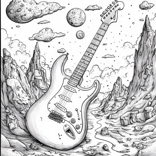 Guitar on an alien planet with whimsical designs in the style of a coloring book