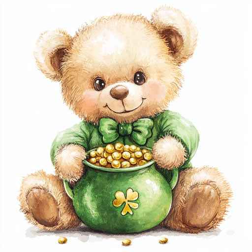 Classic teddy bear for St. Patrick's Day in green with pot of gold