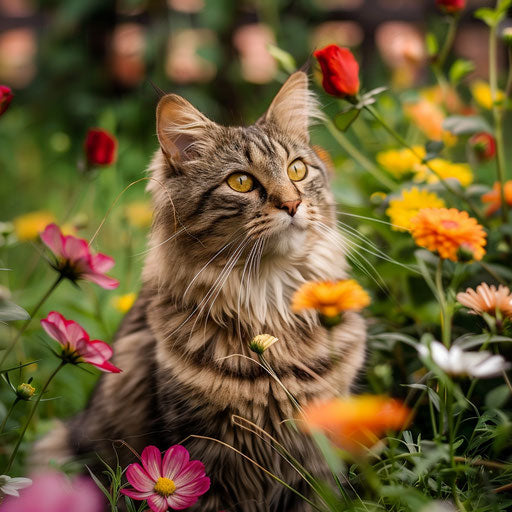 Brown cat in a flower bed with beautiful flowers