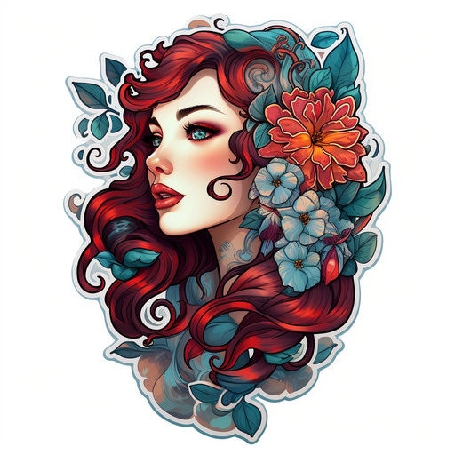 Sticker beautiful girl, neotraditional style, young British artists (YBAs), mckadesinsanity, tattoo, folkloric, light azure and maroon, trish mistric