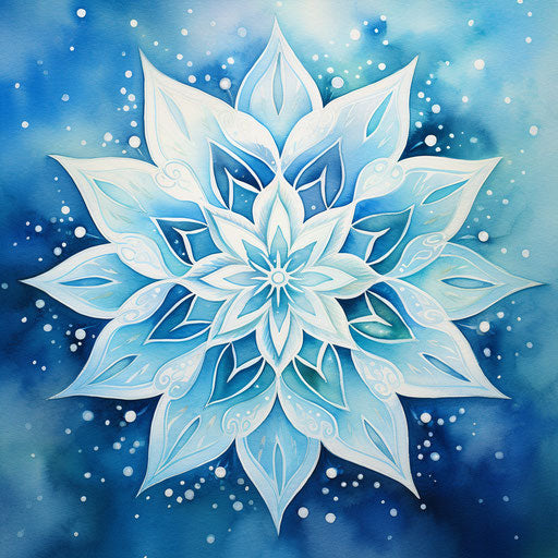 Blue watercolor snowflake in reimagined religious art style