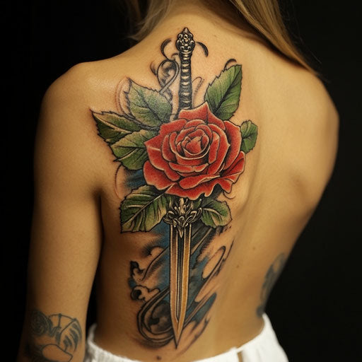 Back of arm tattoo in Ed Hardy style with rose and dagger