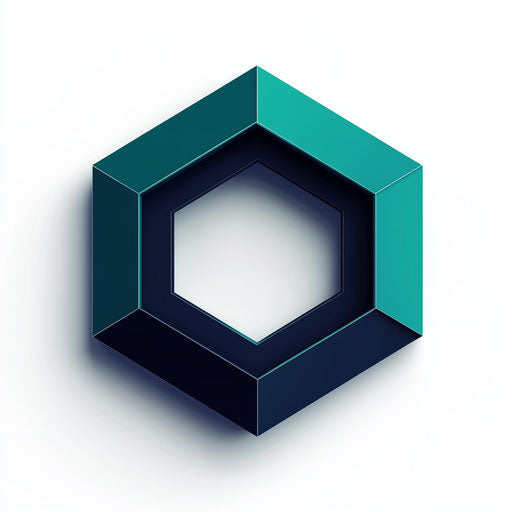 Sophisticated 3D logo with geometric layered hexagon icon and refined typography, in harmonious teal and navy blue palette, isolated on flat white background.