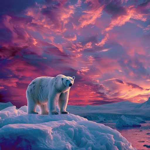Polar bear on glacier with dramatic sunset