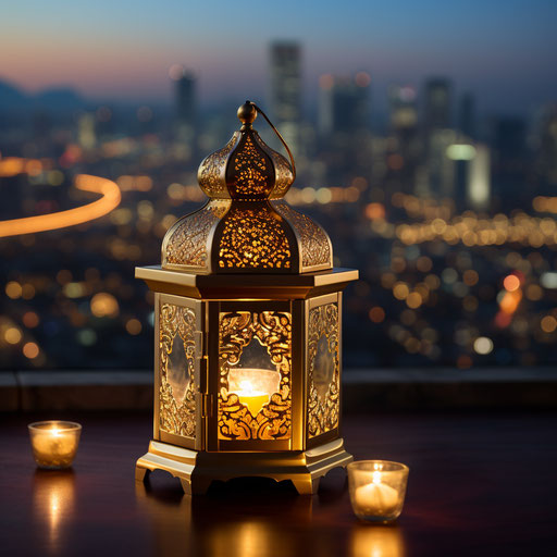 Gold lantern with city view on table