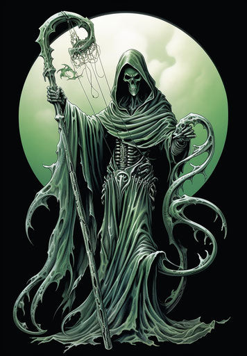 The grim reaper with scythe, dark white and light green style