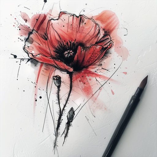 Sketch of a delicate poppy tattoo with watercolor effects