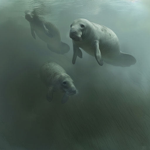 Manatees in a misty and serene underwater scene