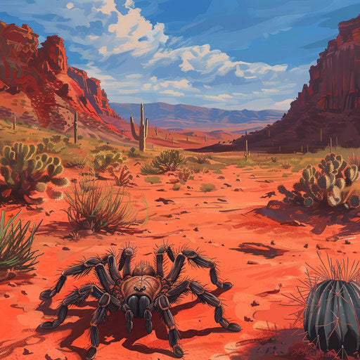 Tarantula in a desert landscape with red sand and cacti, in the style of Paul Souders