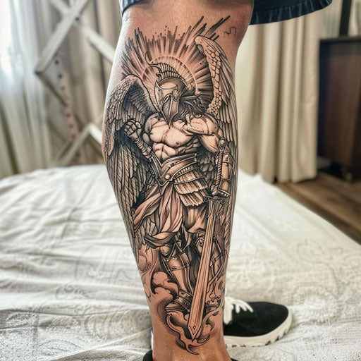 Warrior angel leg tattoo in the style of Steve McNiven