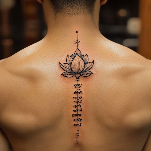 Sak yant tattoo with lotus and traditional Thai script