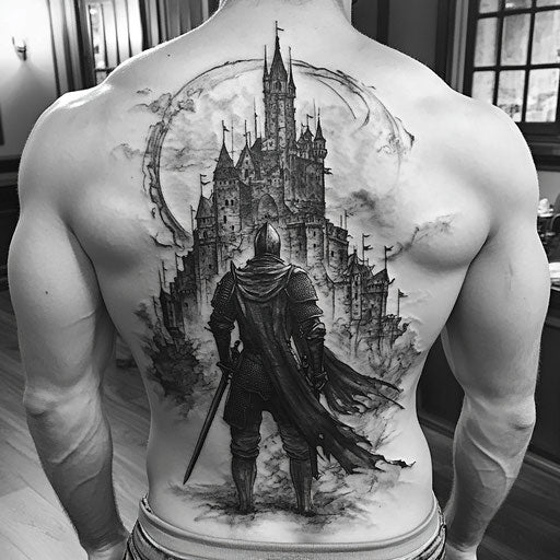 Father son tattoos with medieval castle guarded by knight