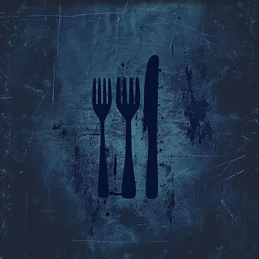 Restaurant logo in navy and cyan with textured background