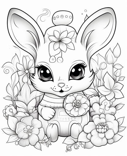 Cartoon bunny with Easter egg and flowers, Nikon D850 style