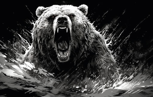 Grizzly bear, vector, high-contrast shading style, soggy water, hyper-realistic, dark white and gray