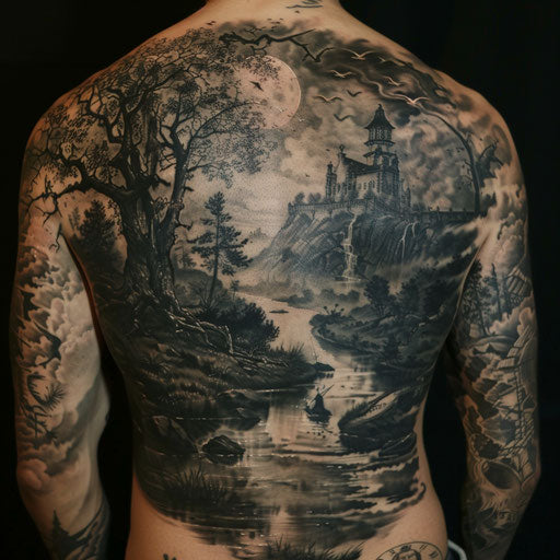 Surreal landscape tattoo in J.P. Targete style