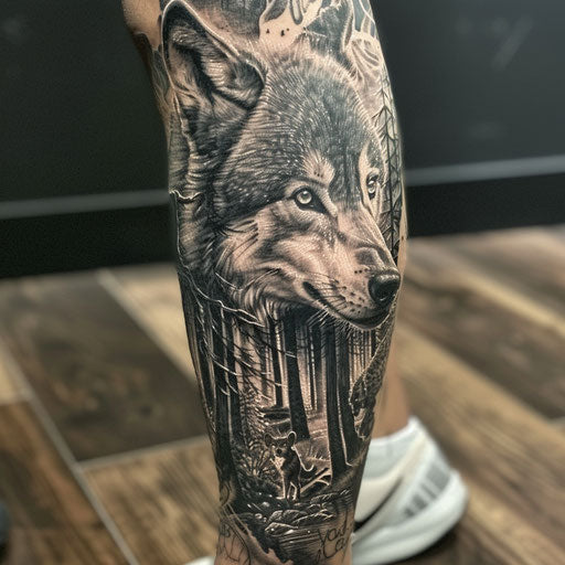 Realistic black and gray leg sleeve tattoo depicting wildlife scenes